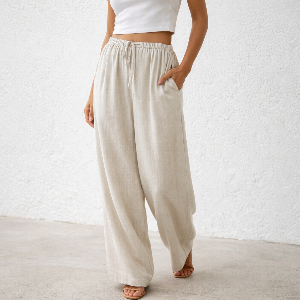 Pantalones de lino - Mujer Anchos con Cintura Ajustable Verano