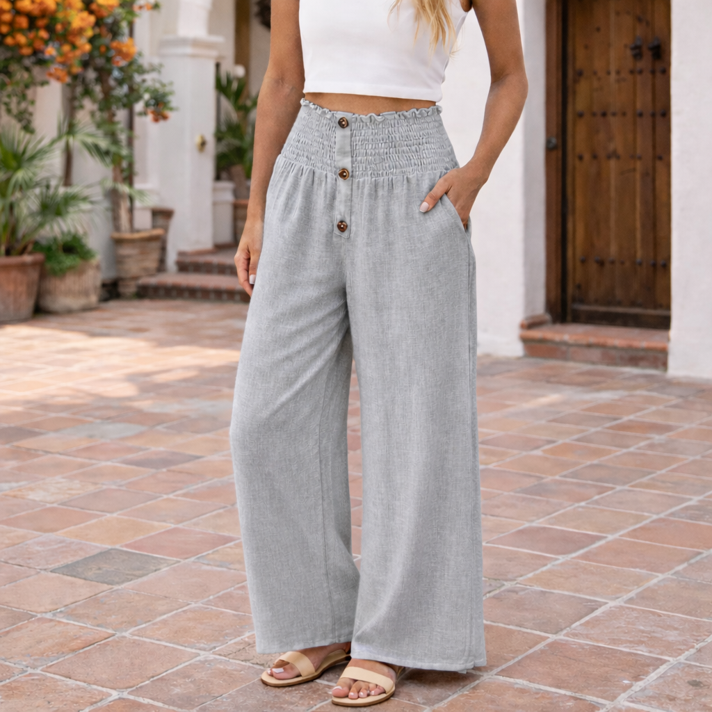 Pantalones de lino - Mujer Palazzo Cintura Alta Fluido