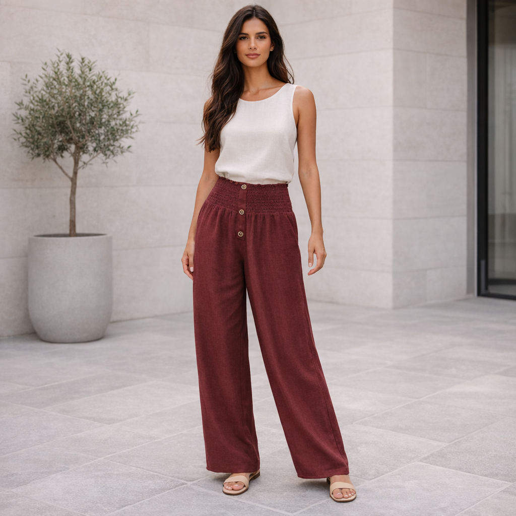 Pantalones de lino - Mujer Palazzo Cintura Alta Fluido
