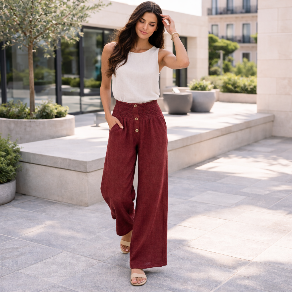 Pantalones de lino - Mujer Palazzo Cintura Alta Fluido