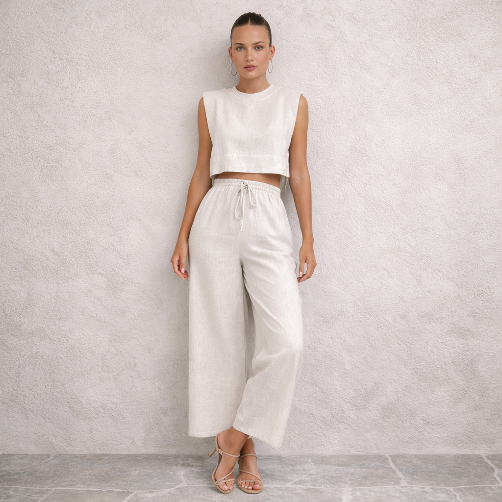 Pantalones de lino - Mujer Conjunto Crop Top Elegante Verano