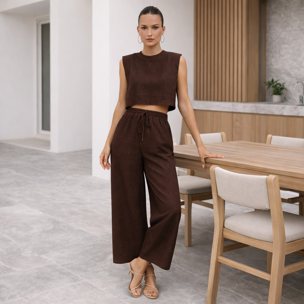 Pantalones de lino - Mujer Conjunto Crop Top Elegante Verano