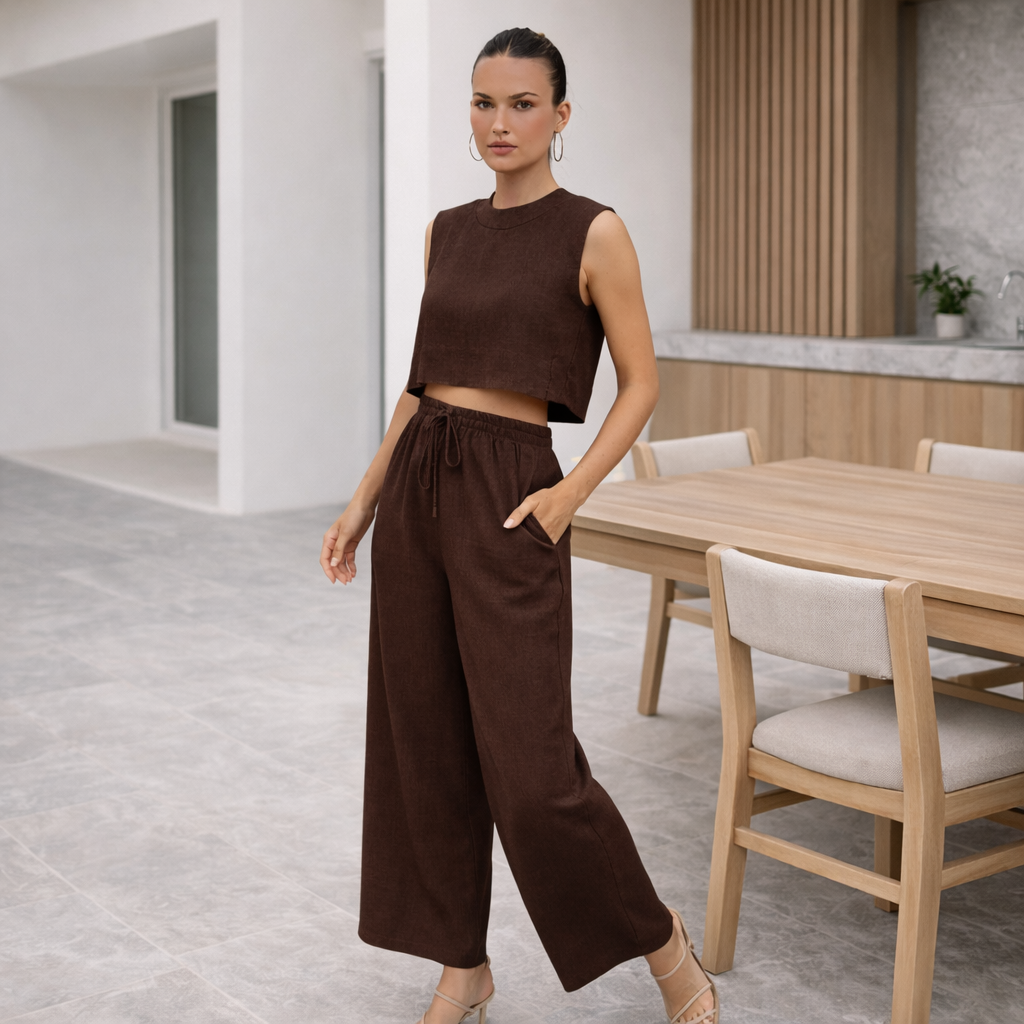 Pantalones de lino - Mujer Conjunto Crop Top Elegante Verano