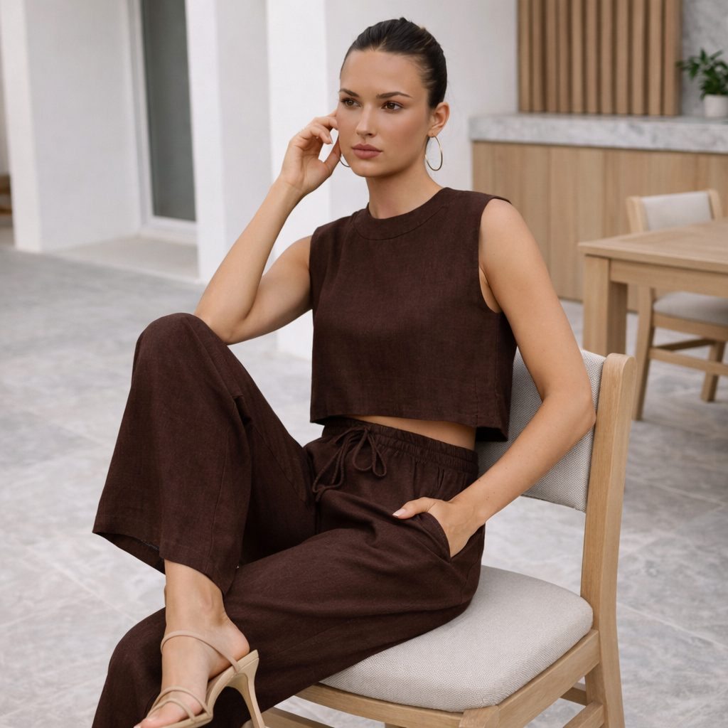 Pantalones de lino - Mujer Conjunto Crop Top Elegante Verano