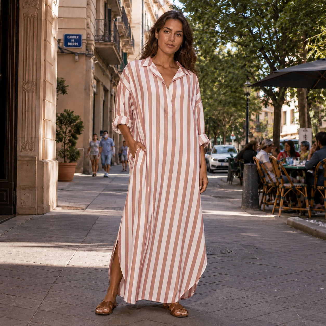 Vestido Maxi Mujer de Rayas Verticales con Cuello Camisero y Bolsillos