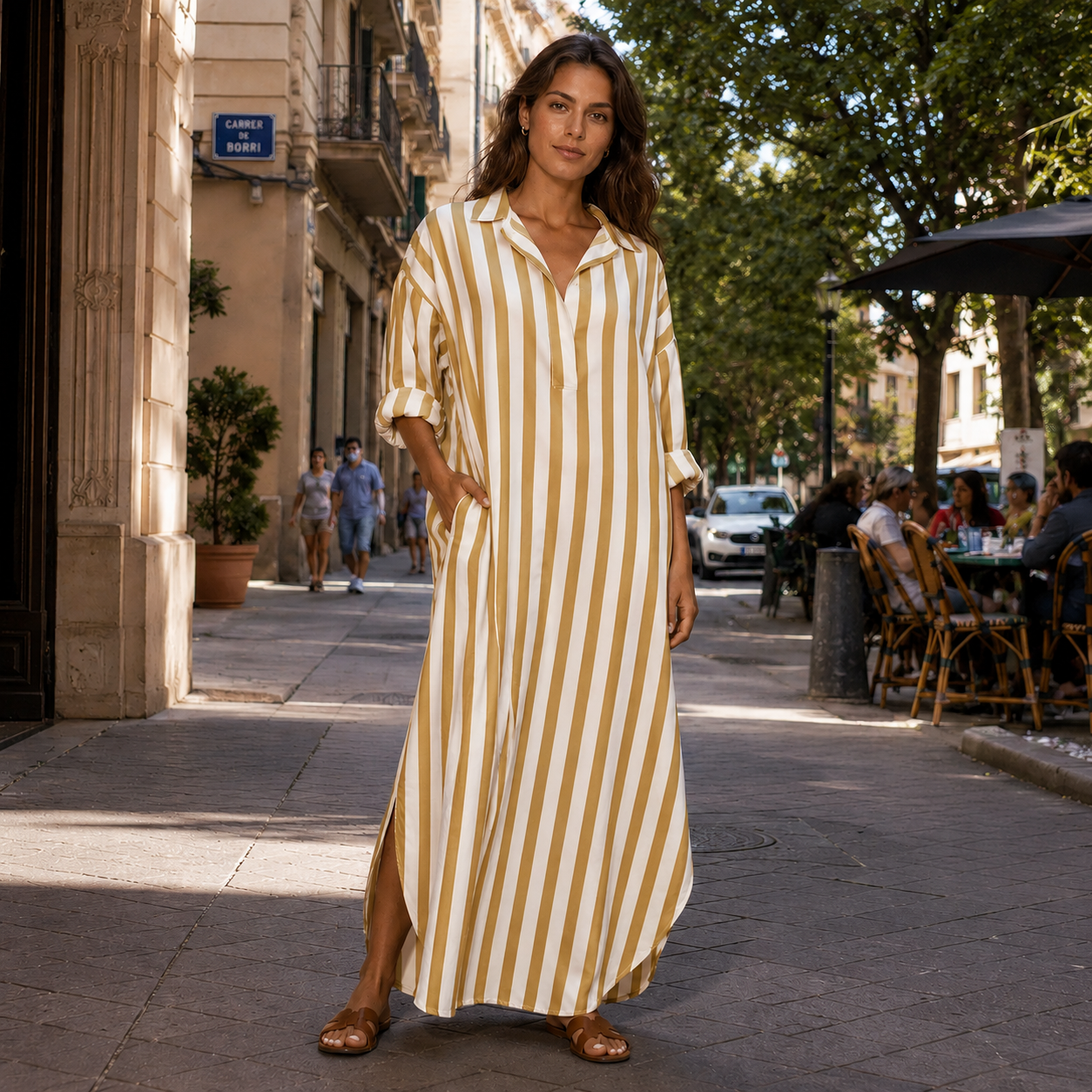 Vestido Maxi Mujer de Rayas Verticales con Cuello Camisero y Bolsillos