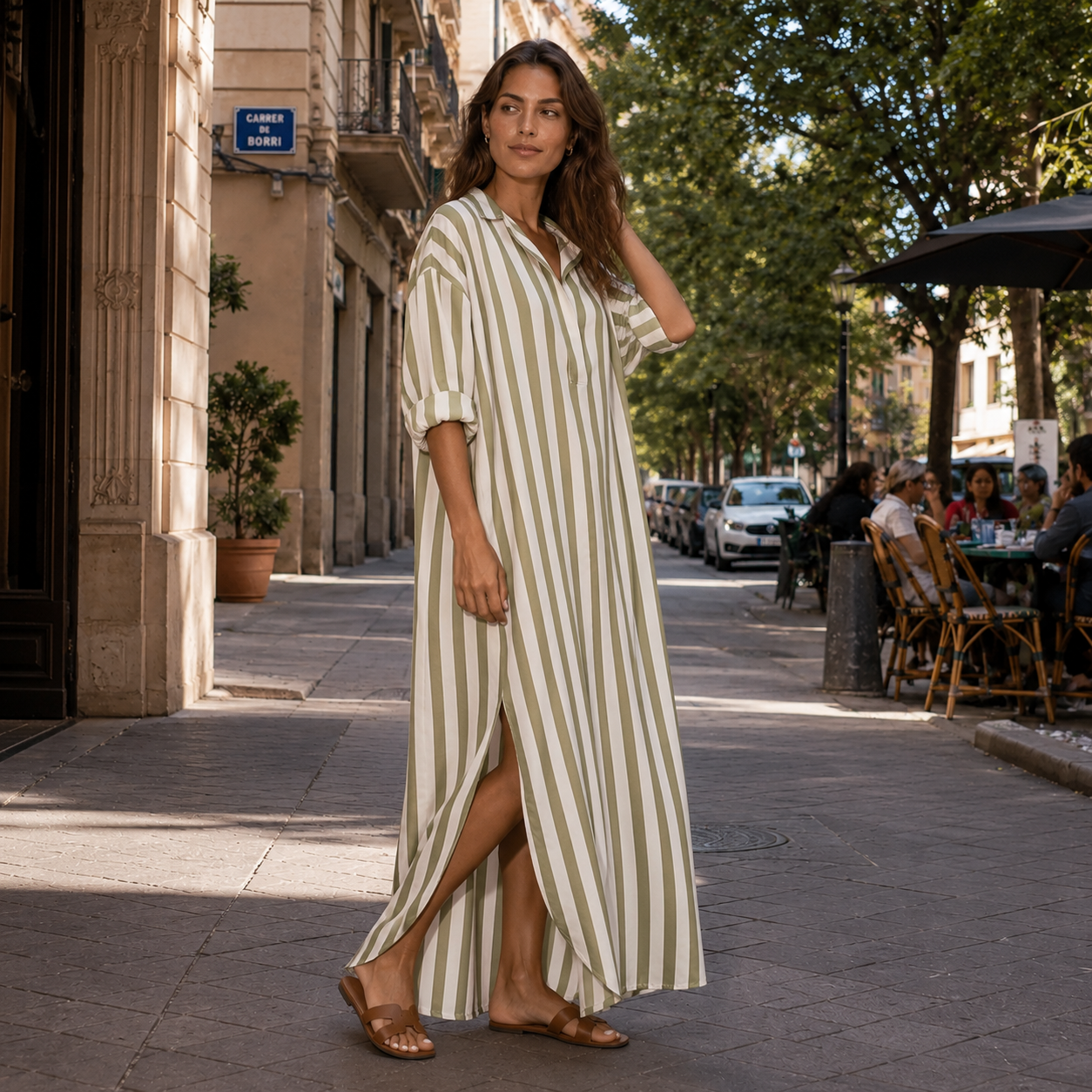 Vestido Maxi Mujer de Rayas Verticales con Cuello Camisero y Bolsillos