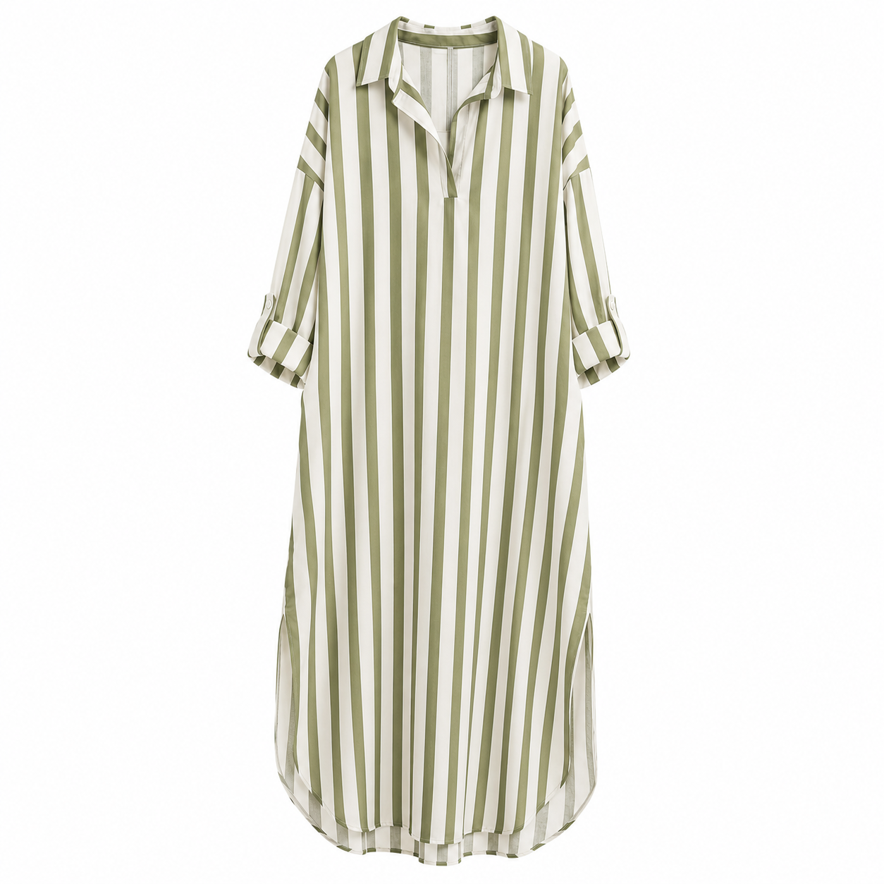 Vestido Maxi Mujer de Rayas Verticales con Cuello Camisero y Bolsillos