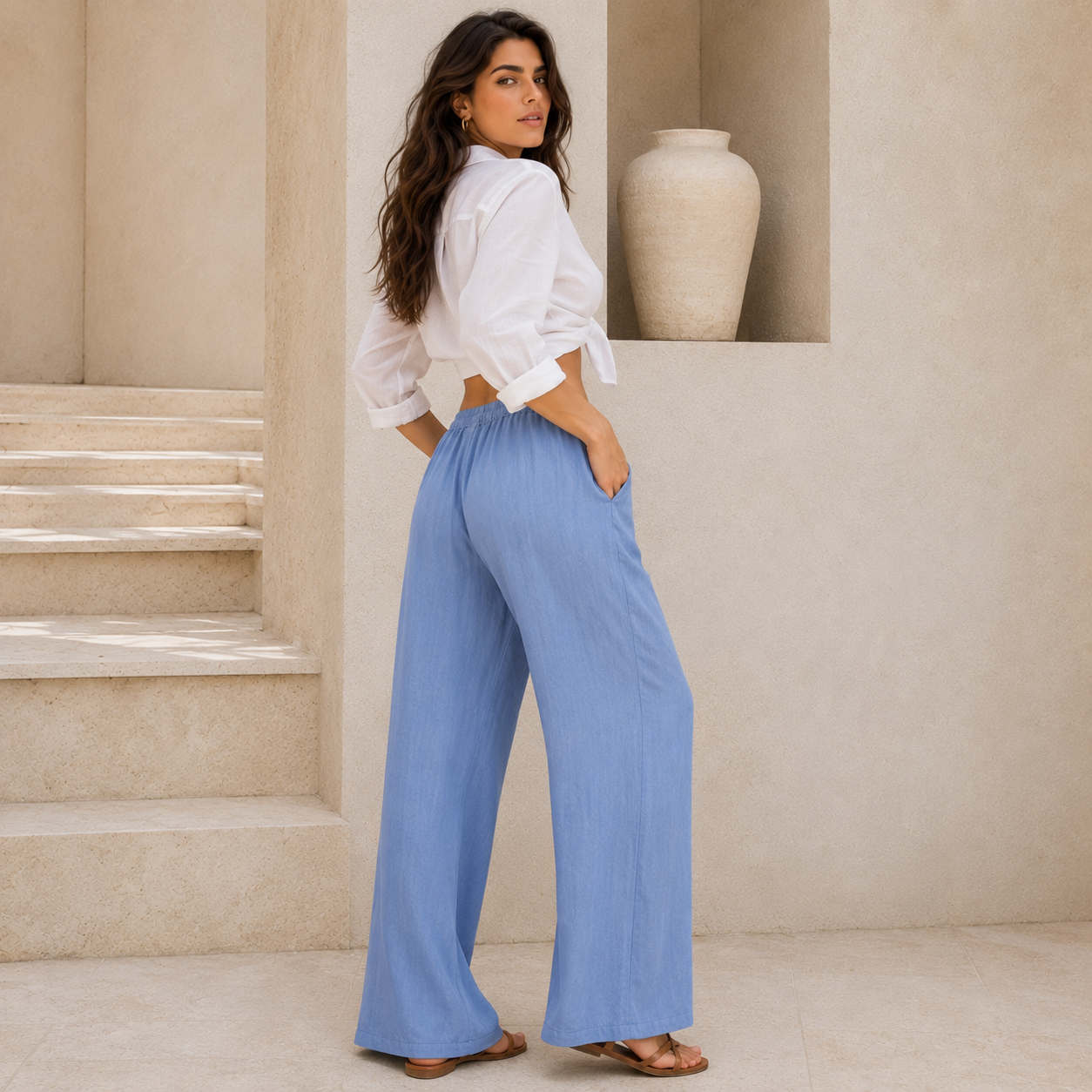 Pantalones de lino - Mujer Palazzo Elegantes Verano