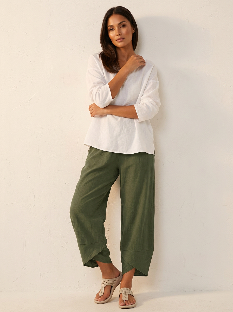Pantalones Lino Mujer | Cintura Elástica, Corte Relajado, Cropped