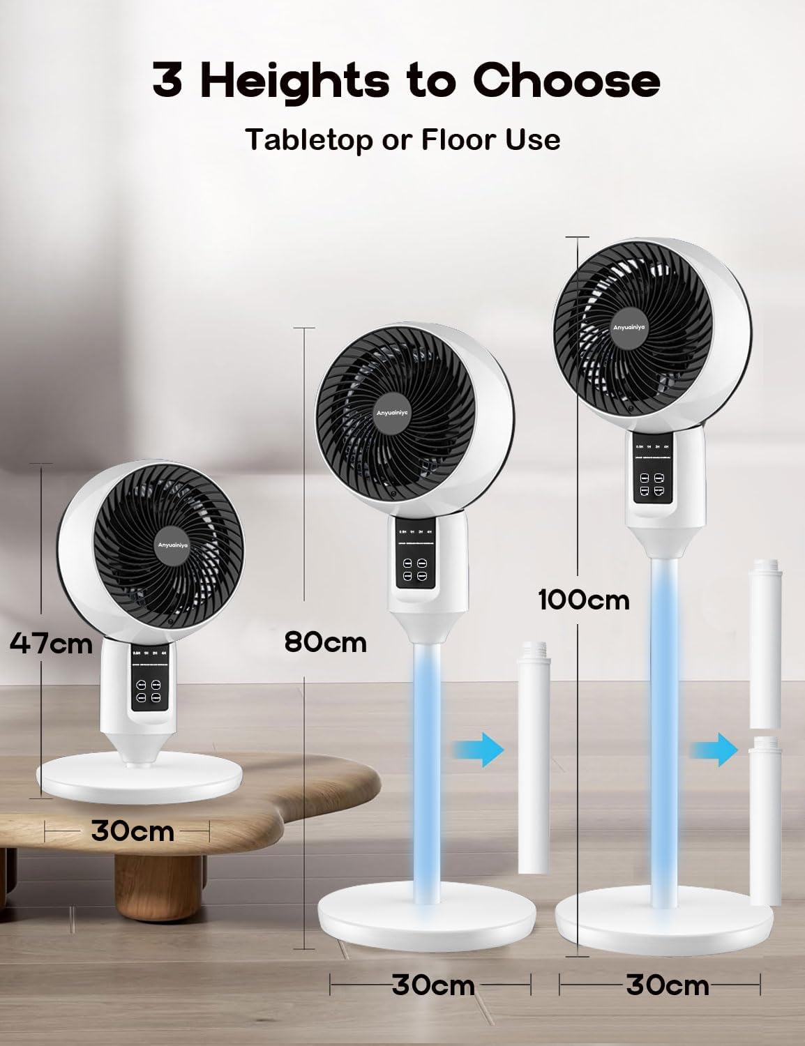 Ventilador de pie y mesa altura regulable con oscilación doble y mando a distancia