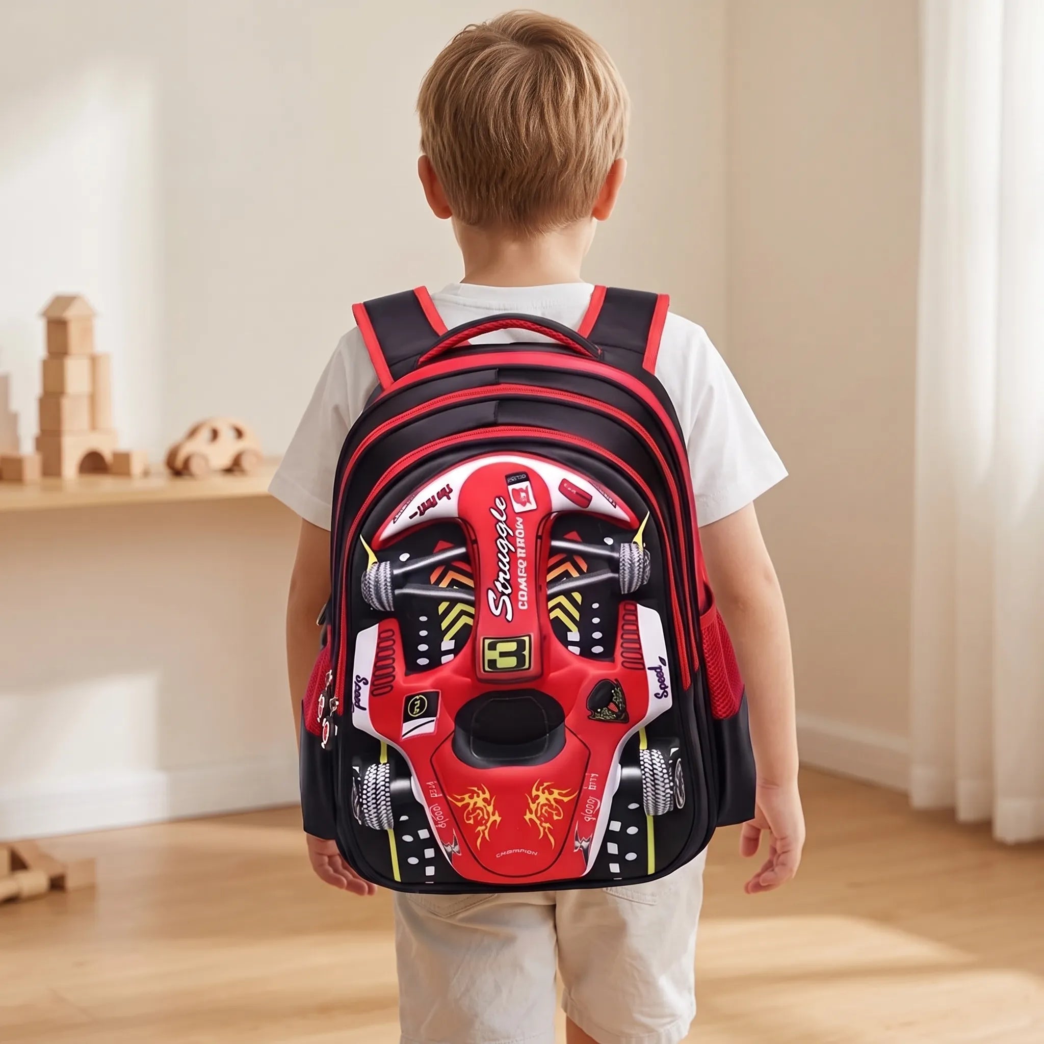 Mochila Escolar Infantil | Diseño 3D Auto de Carreras | Verde, Azul, Rojo