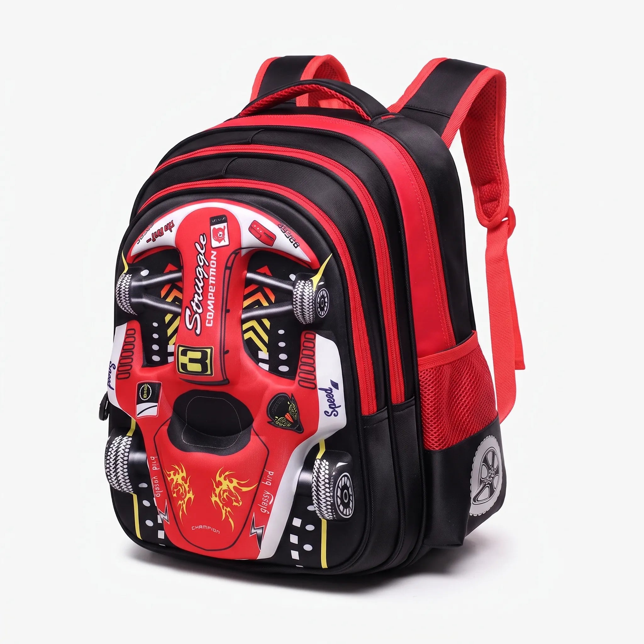 Mochila Escolar Infantil | Diseño 3D Auto de Carreras | Verde, Azul, Rojo