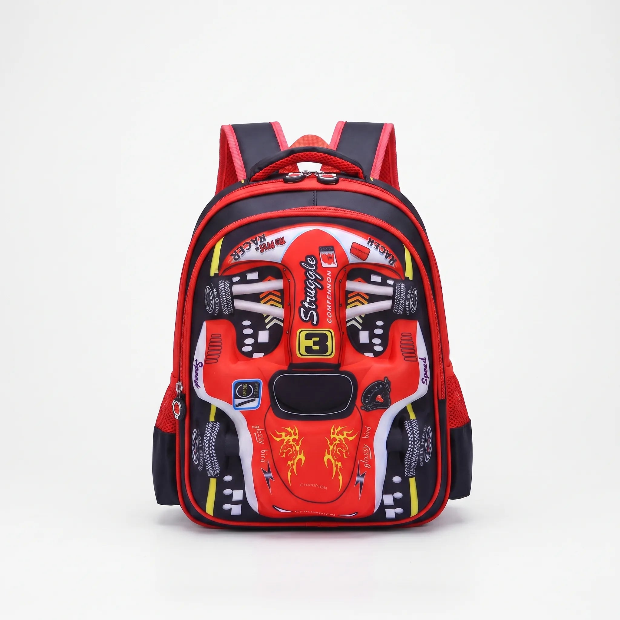 Mochila Escolar Infantil | Diseño 3D Auto de Carreras | Verde, Azul, Rojo