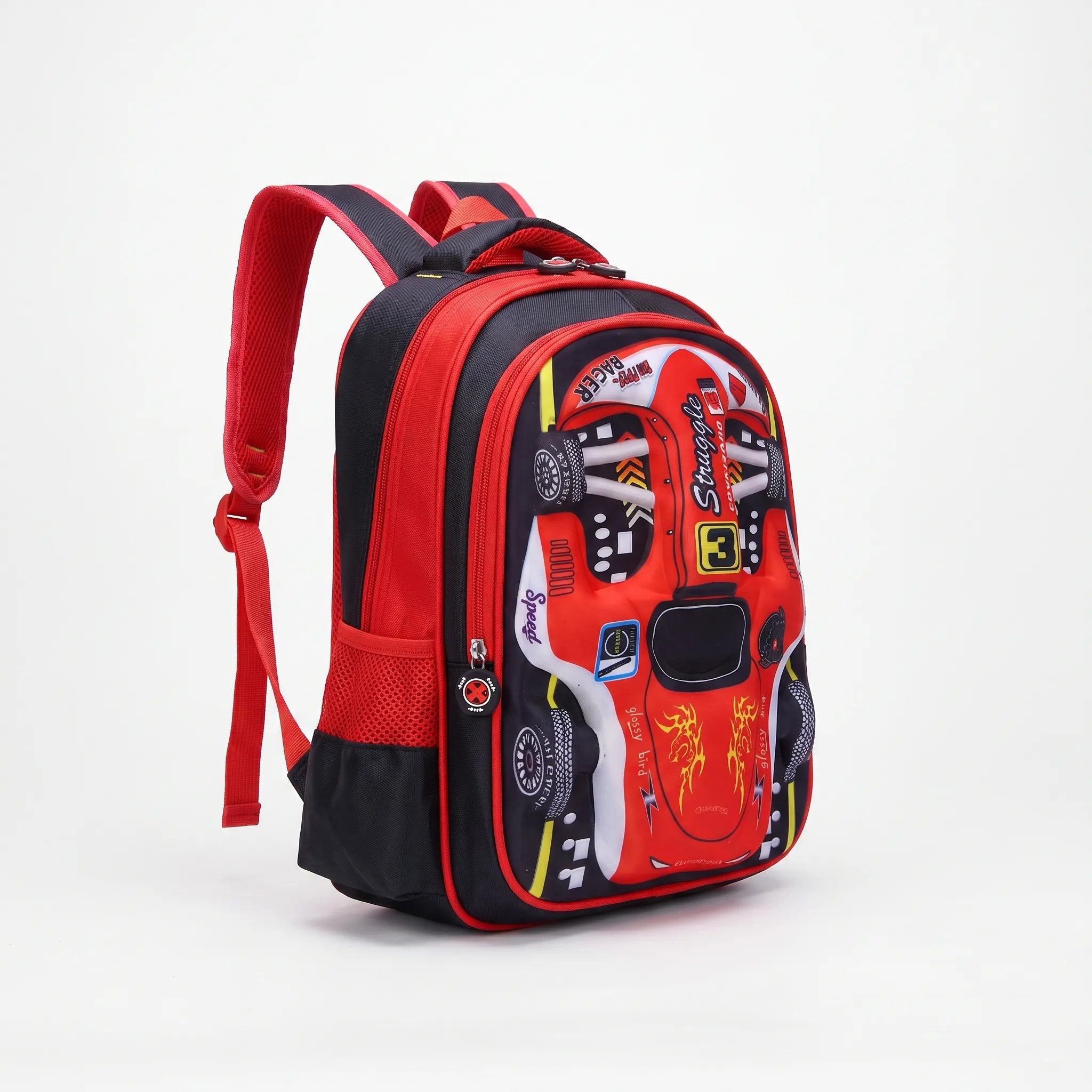 Mochila Escolar Infantil | Diseño 3D Auto de Carreras | Verde, Azul, Rojo