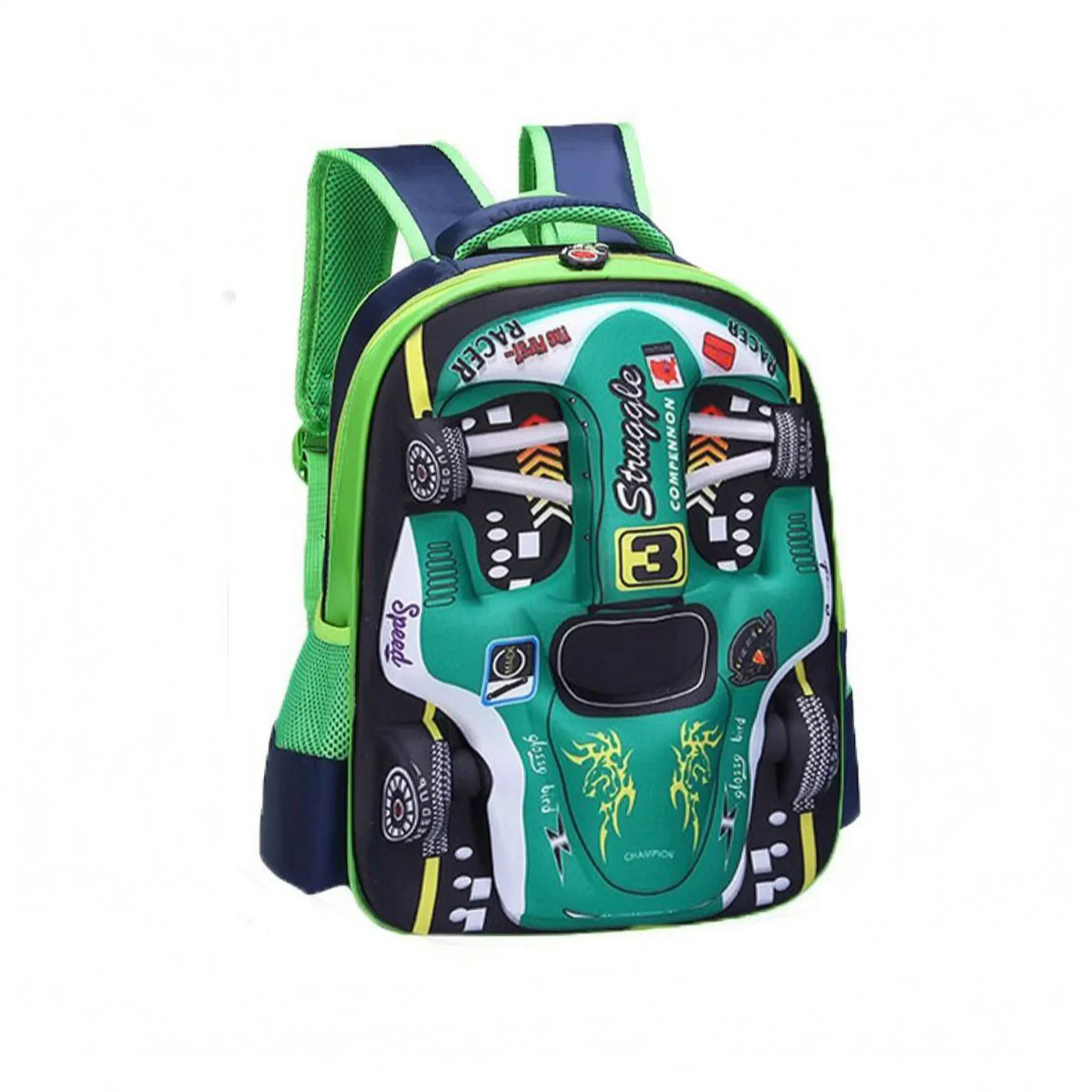 Mochila Escolar Infantil | Diseño 3D Auto de Carreras | Verde, Azul, Rojo