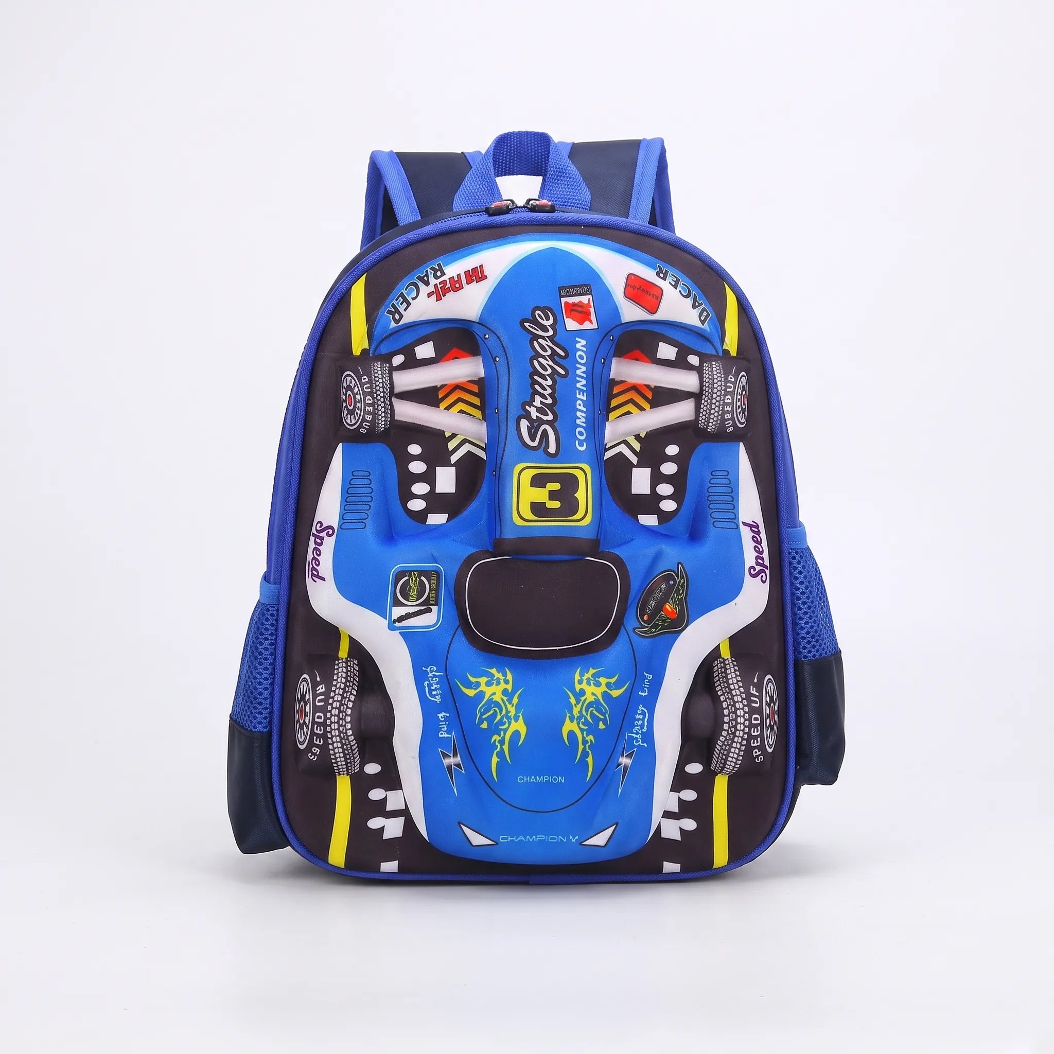 Mochila Escolar Infantil | Diseño 3D Auto de Carreras | Verde, Azul, Rojo