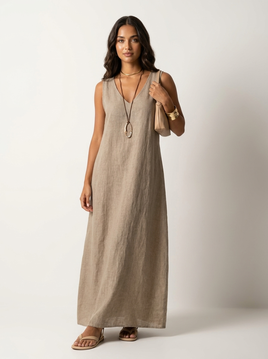 Vestido Maxi Lino Mujer | Sin Mangas, Cuello V | Khaki, Rosa, Azul