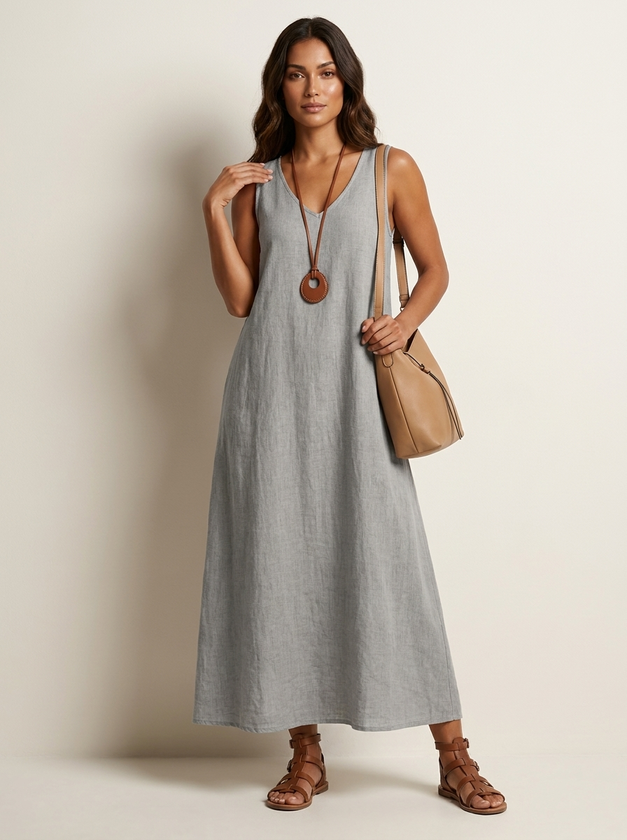 Vestido Maxi Lino Mujer | Sin Mangas, Cuello V | Khaki, Rosa, Azul