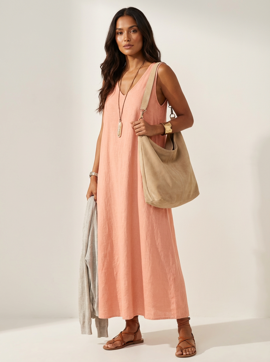 Vestido Maxi Lino Mujer | Sin Mangas, Cuello V | Khaki, Rosa, Azul