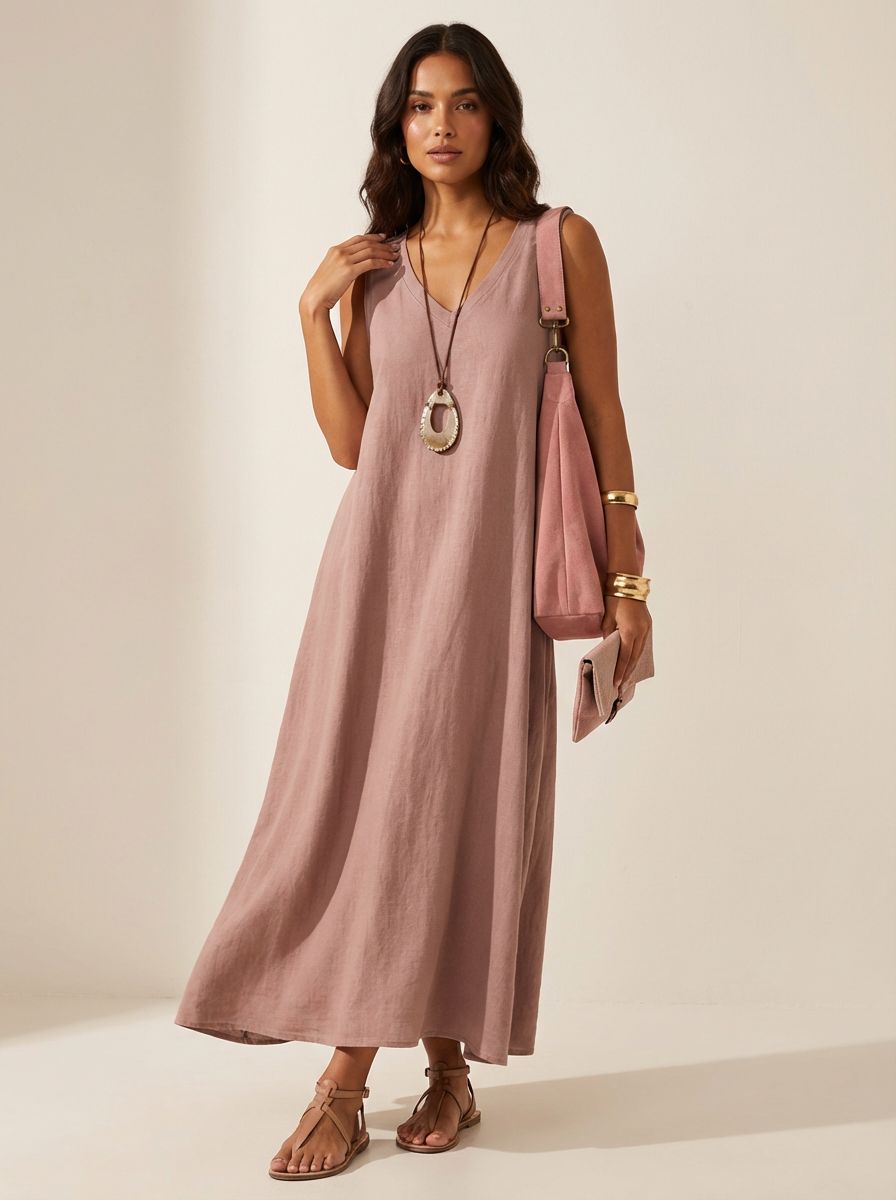 Vestido Maxi Lino Mujer | Sin Mangas, Cuello V | Khaki, Rosa, Azul