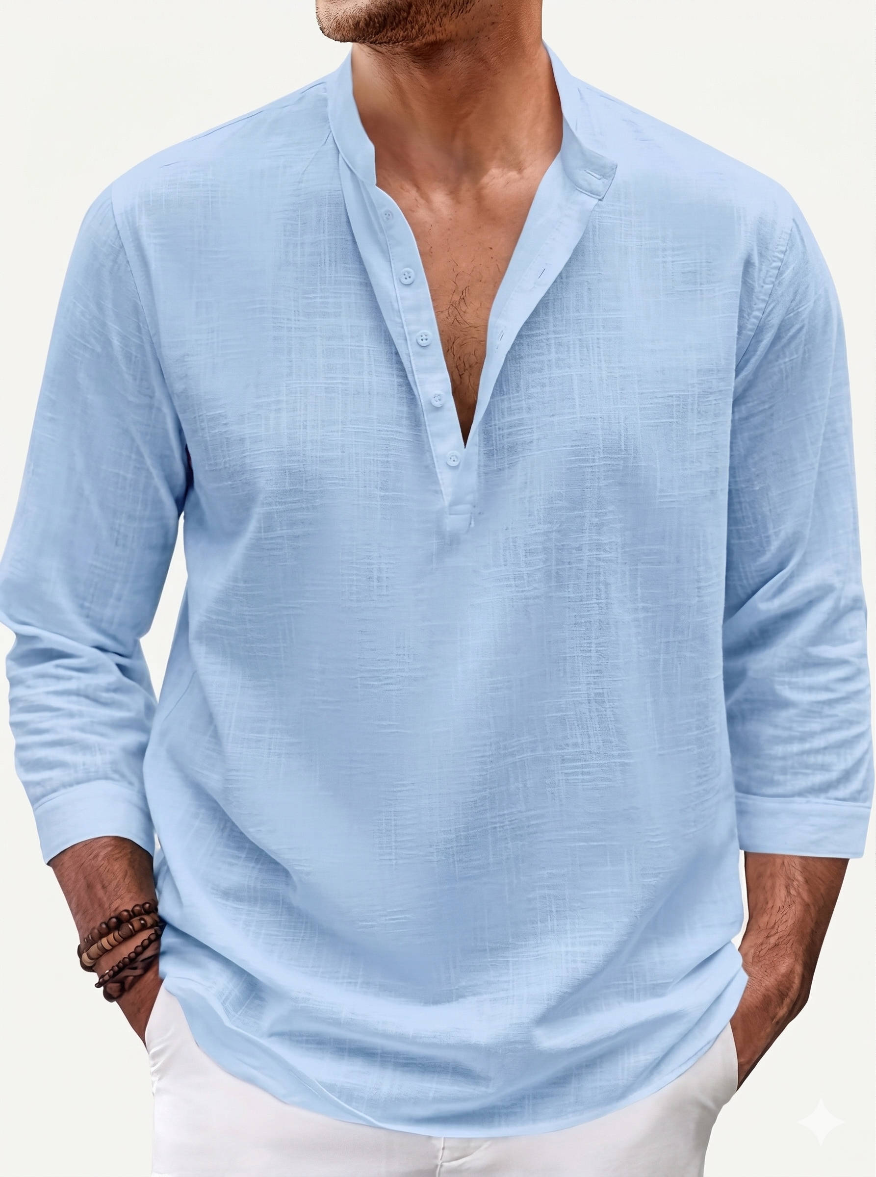 Camisa de Lino Hombre | Ajuste Regular, Cuello Bandeja, Manga Larga