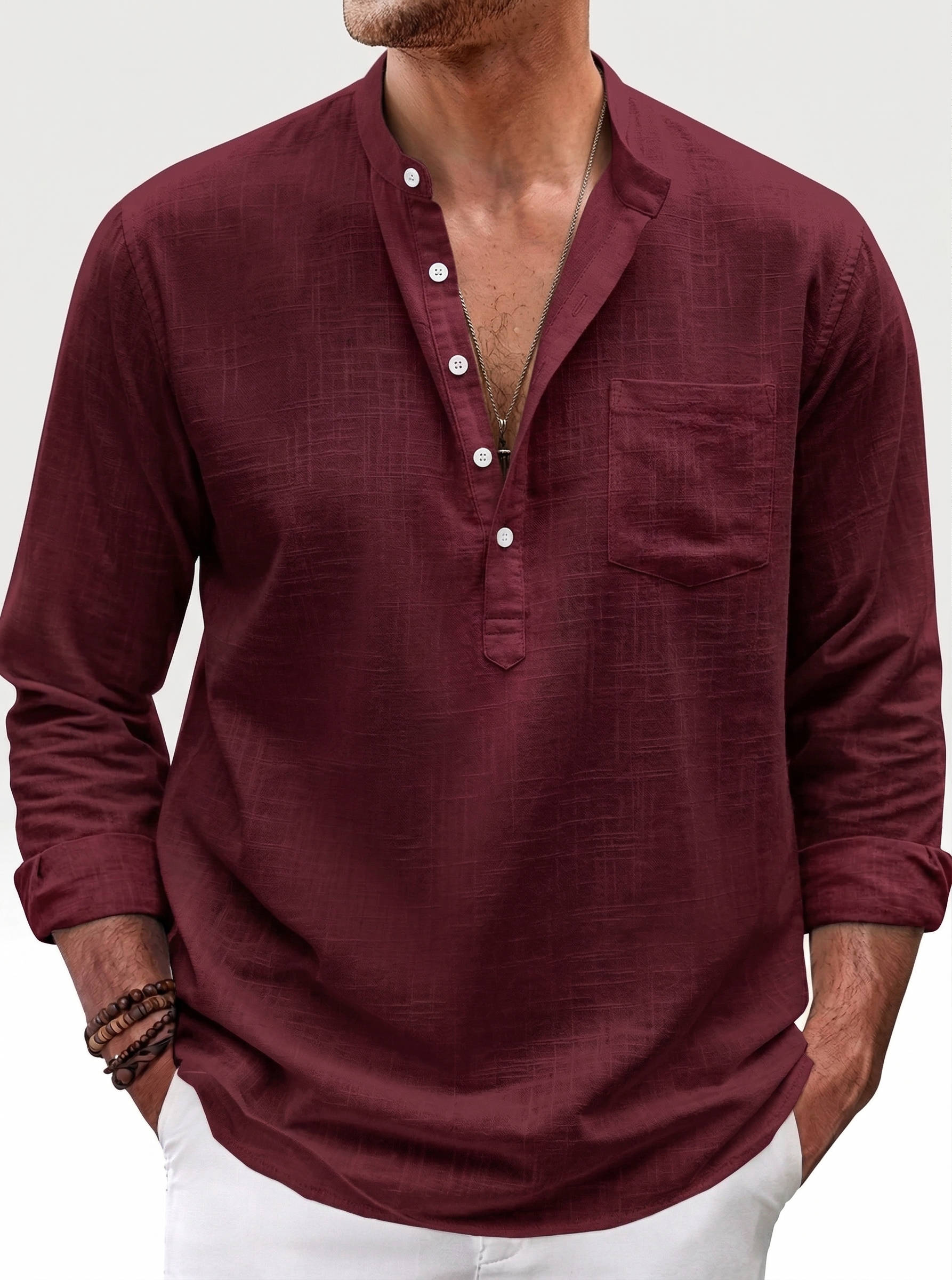 Camisa de Lino Hombre | Ajuste Regular, Cuello Bandeja, Manga Larga