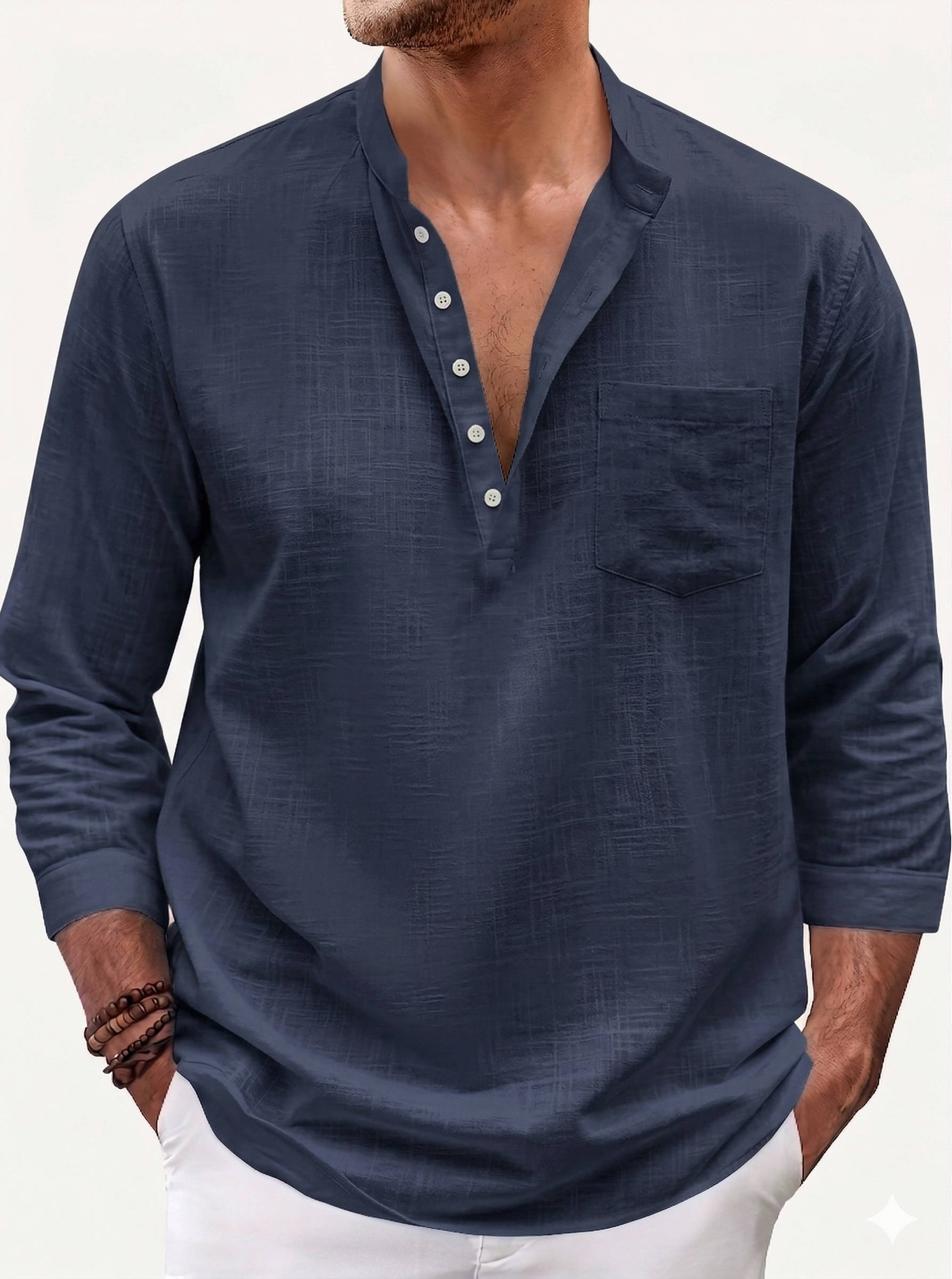 Camisa de Lino Hombre | Ajuste Regular, Cuello Bandeja, Manga Larga