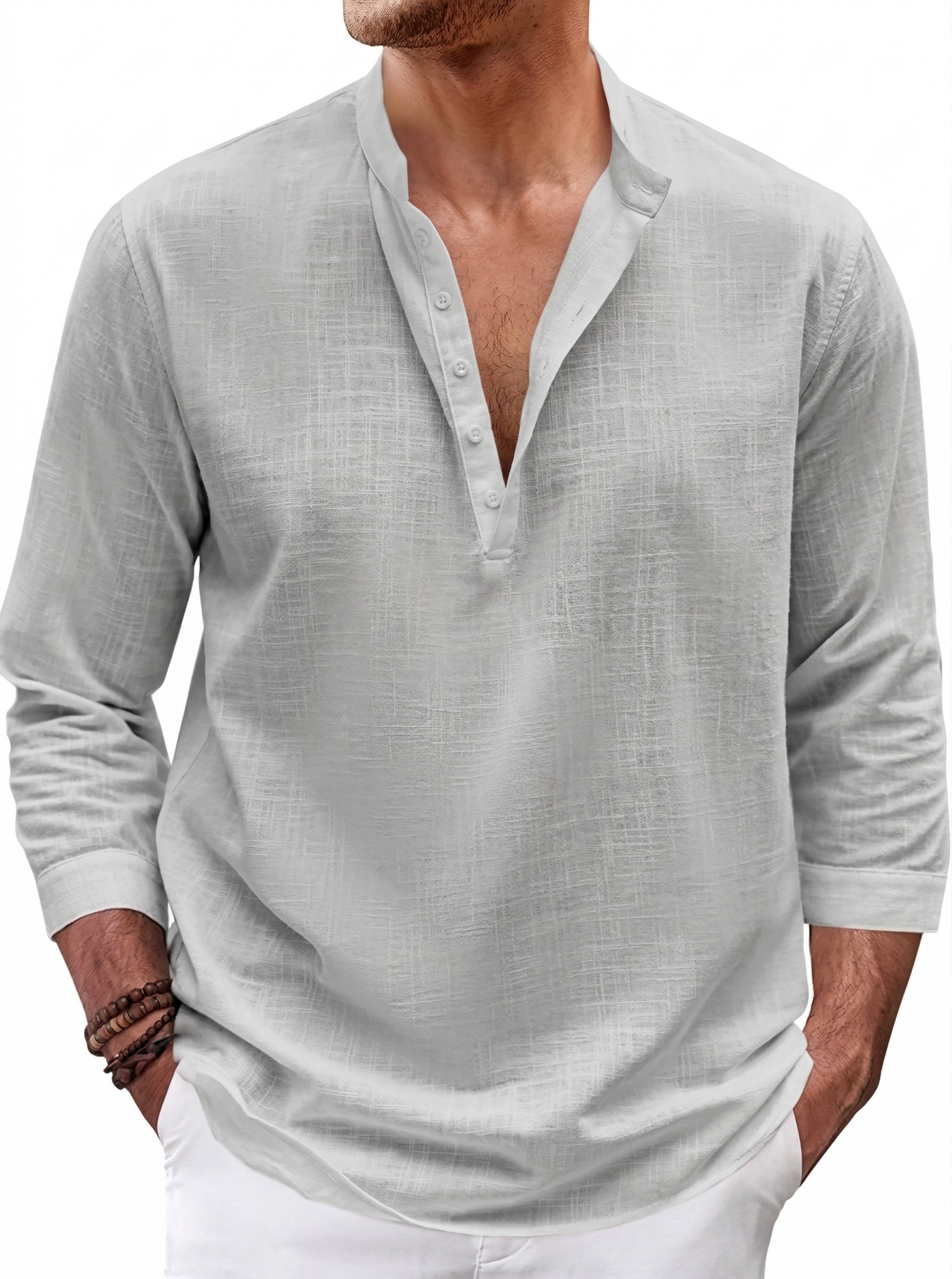 Camisa de Lino Hombre | Ajuste Regular, Cuello Bandeja, Manga Larga