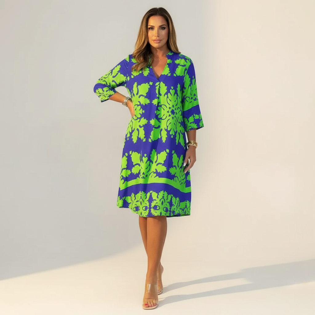 Vestido Midi Bohemio Mujer | Cuello en V, Mangas Tres Cuartos
