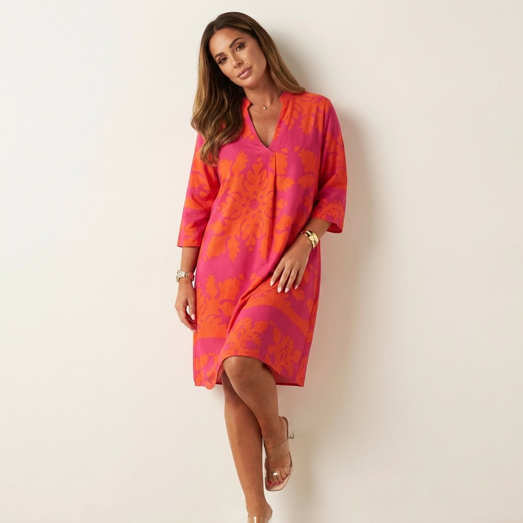 Vestido Midi Bohemio Mujer | Cuello en V, Mangas Tres Cuartos