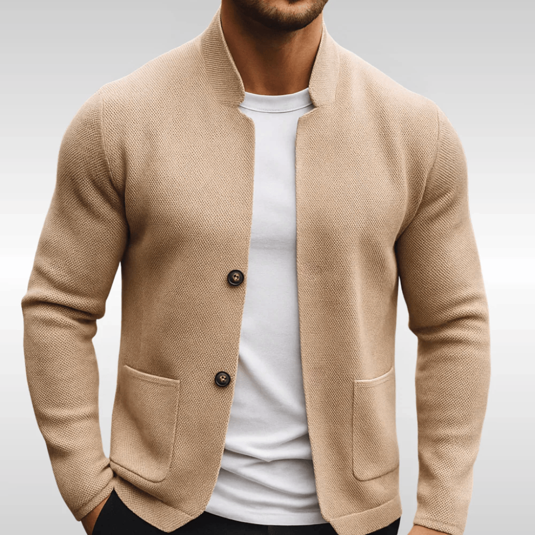 Cardigan hombre punto texturizado cuello mao slim con bolsillos de parche