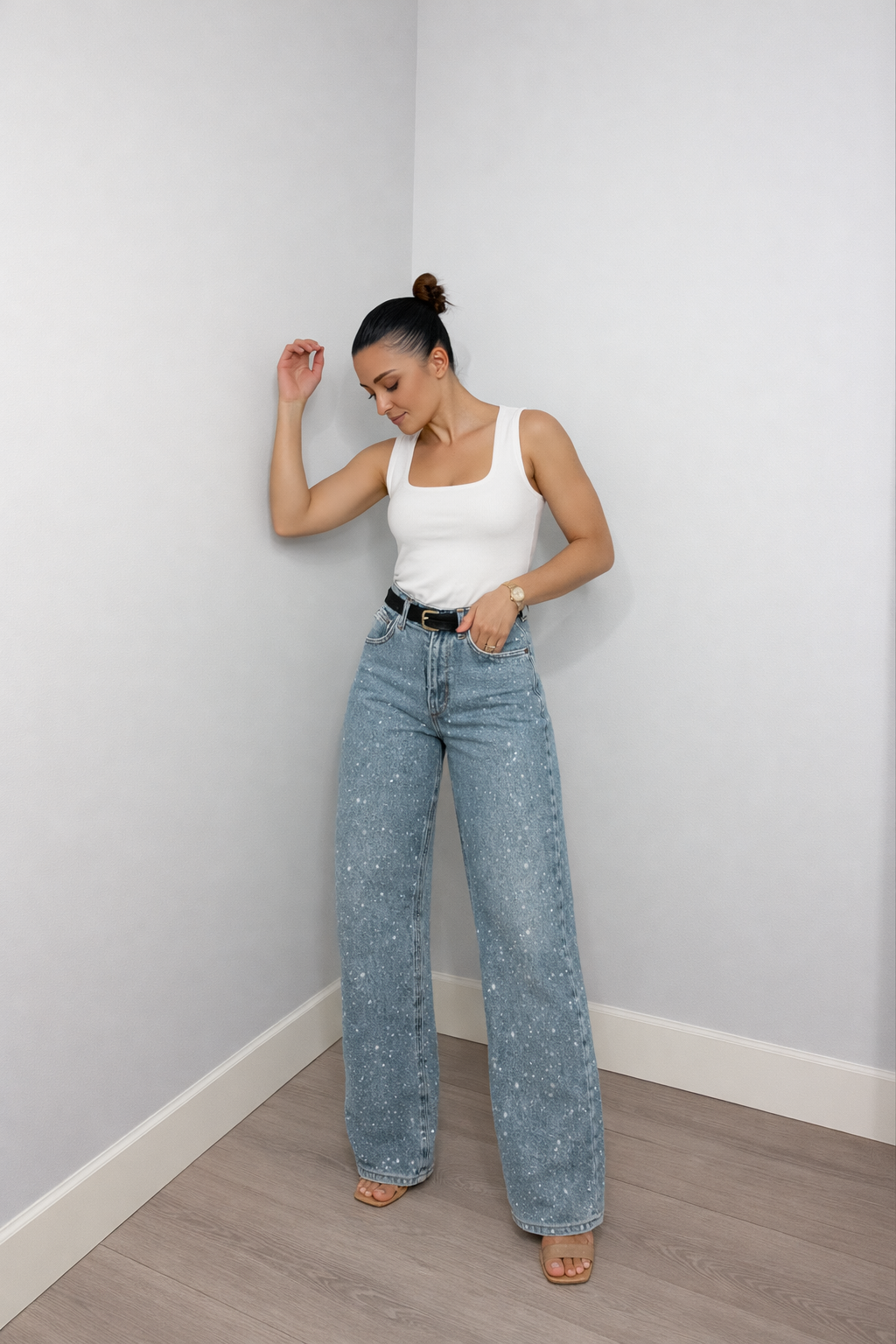 Pantalones Vaqueros Cintura Alta Rectos | Detalles Brillo Sutil