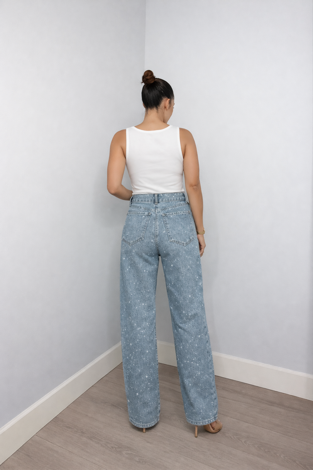 Pantalones Vaqueros Cintura Alta Rectos | Detalles Brillo Sutil