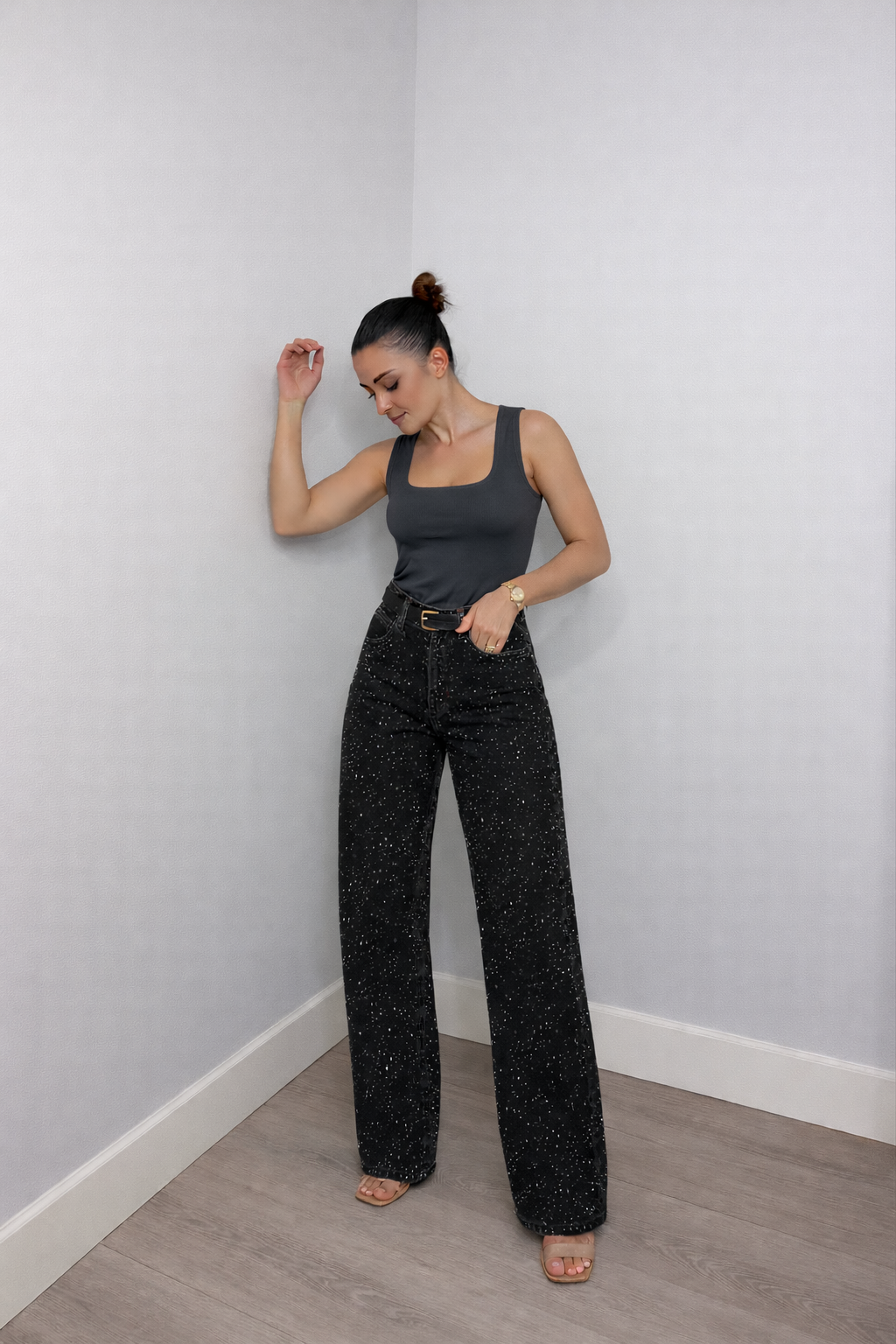 Pantalones Vaqueros Cintura Alta Rectos | Detalles Brillo Sutil