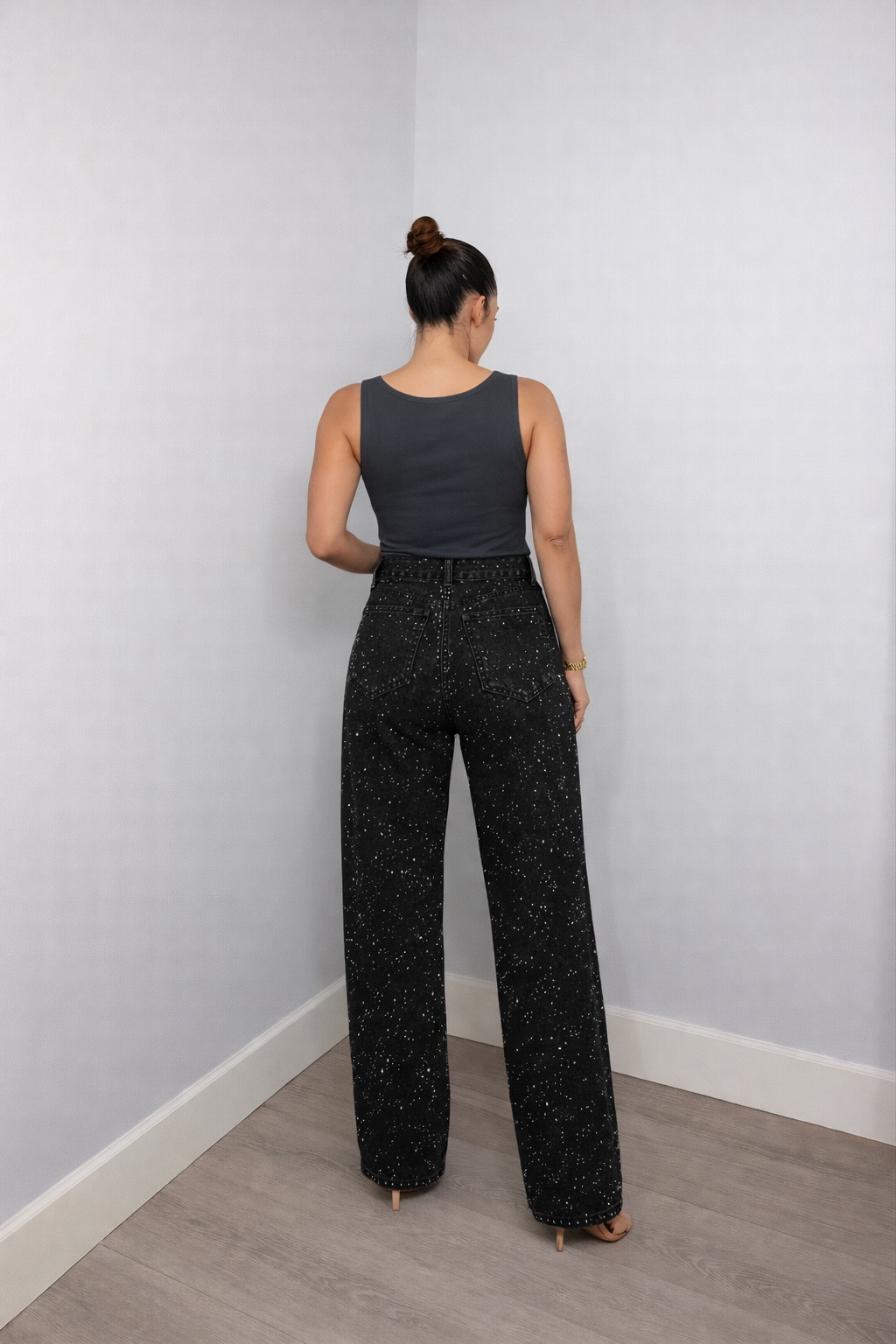 Pantalones Vaqueros Cintura Alta Rectos | Detalles Brillo Sutil