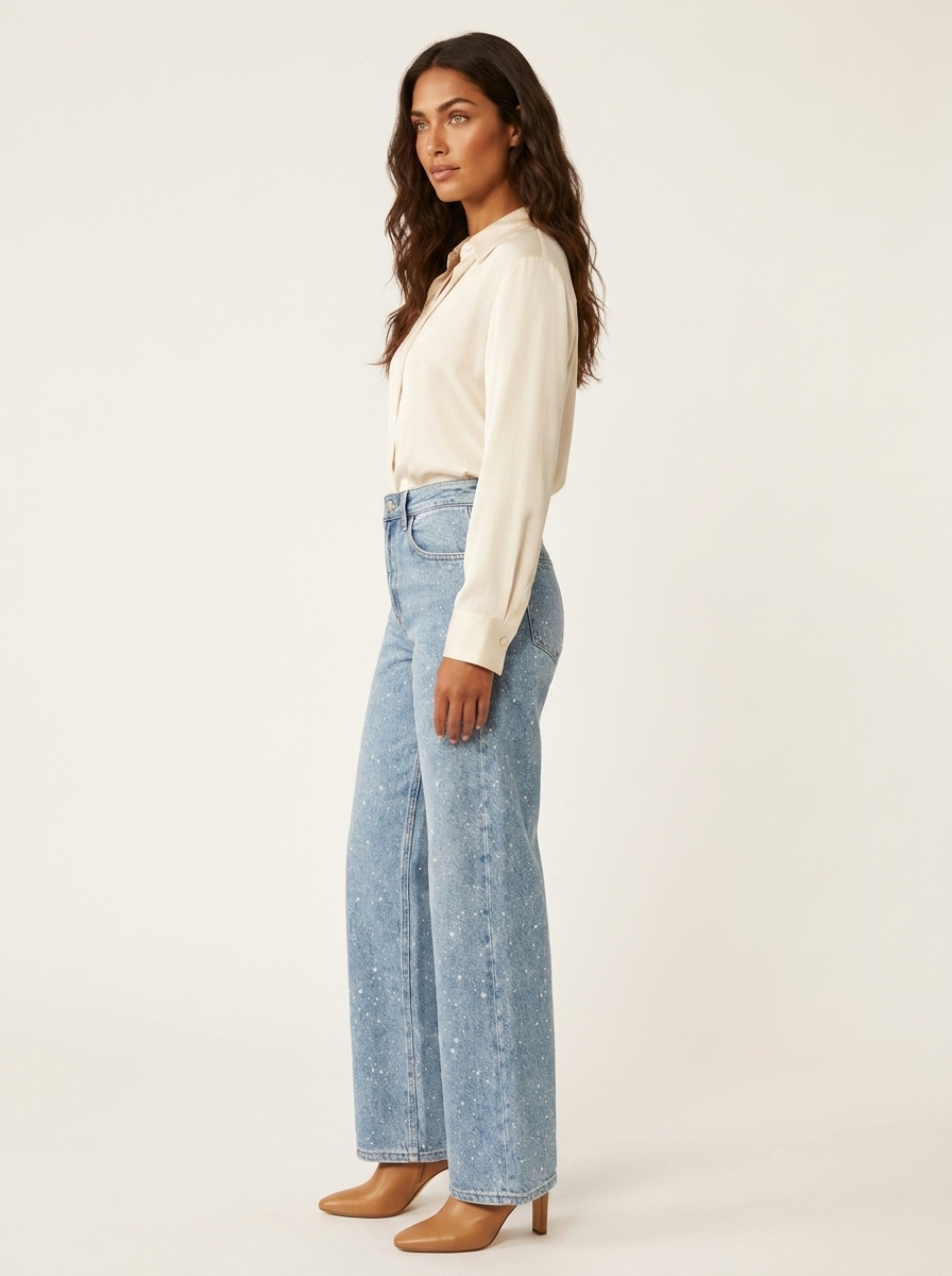Pantalones Vaqueros Cintura Alta Rectos | Detalles Brillo Sutil