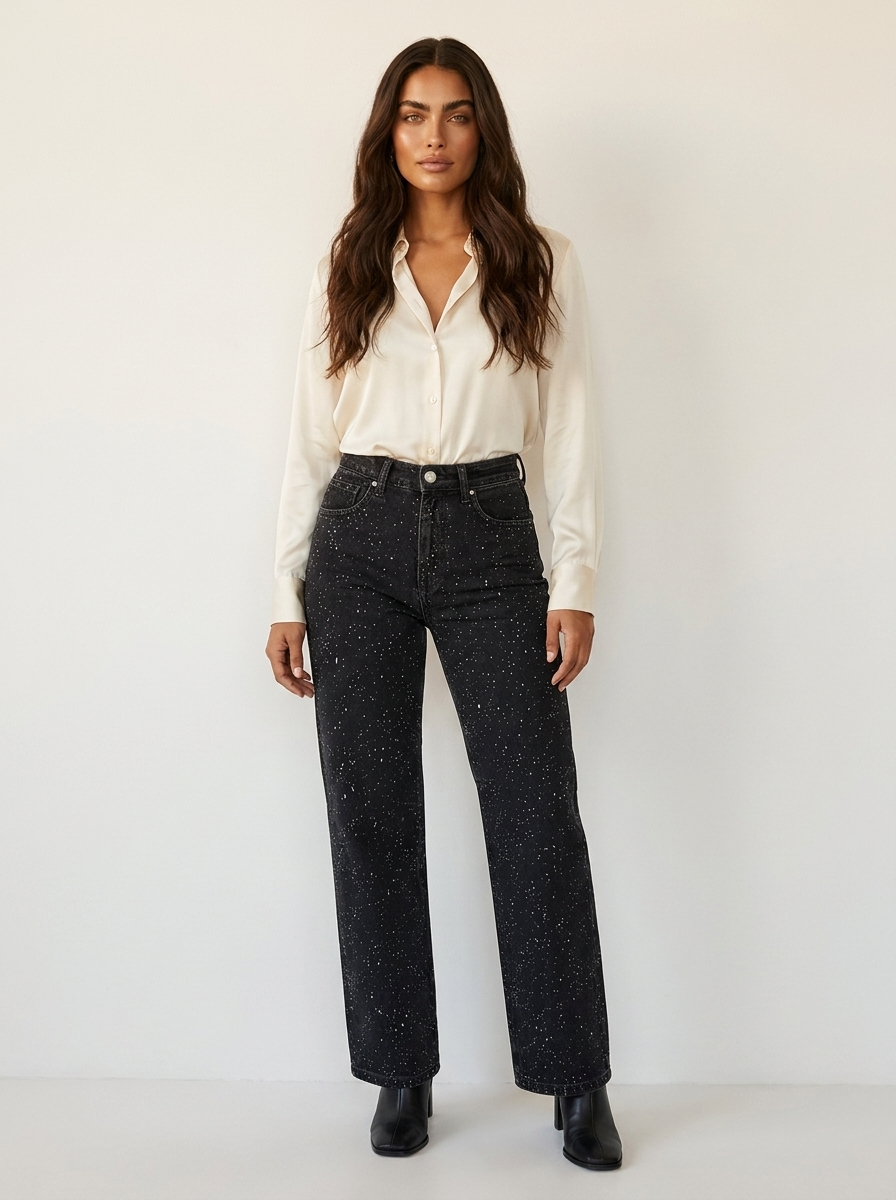 Pantalones Vaqueros Cintura Alta Rectos | Detalles Brillo Sutil