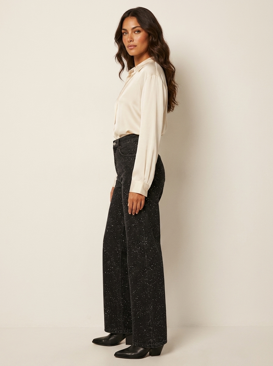 Pantalones Vaqueros Cintura Alta Rectos | Detalles Brillo Sutil