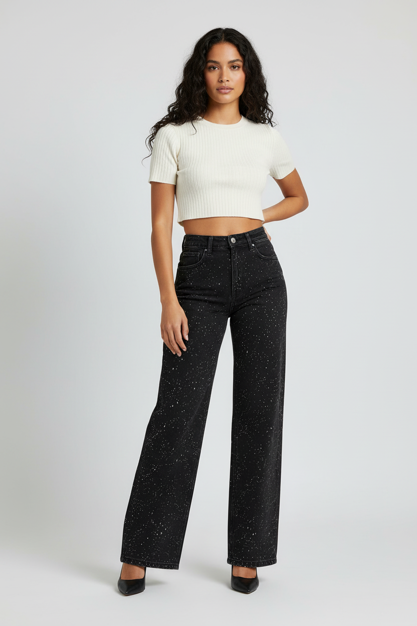 Pantalones Vaqueros Cintura Alta Rectos | Detalles Brillo Sutil