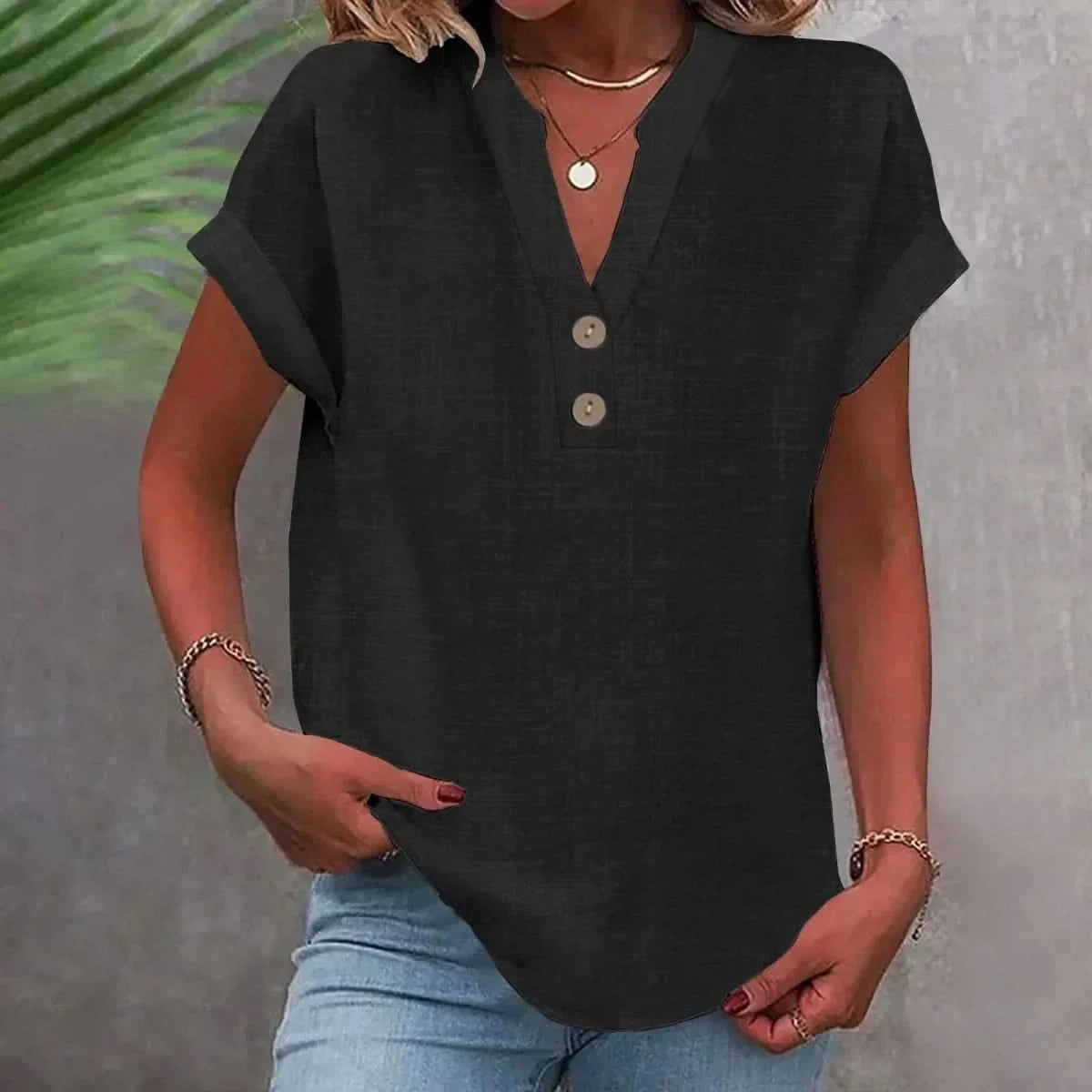 Blusa de lino mujer cuello V suelta transpirable