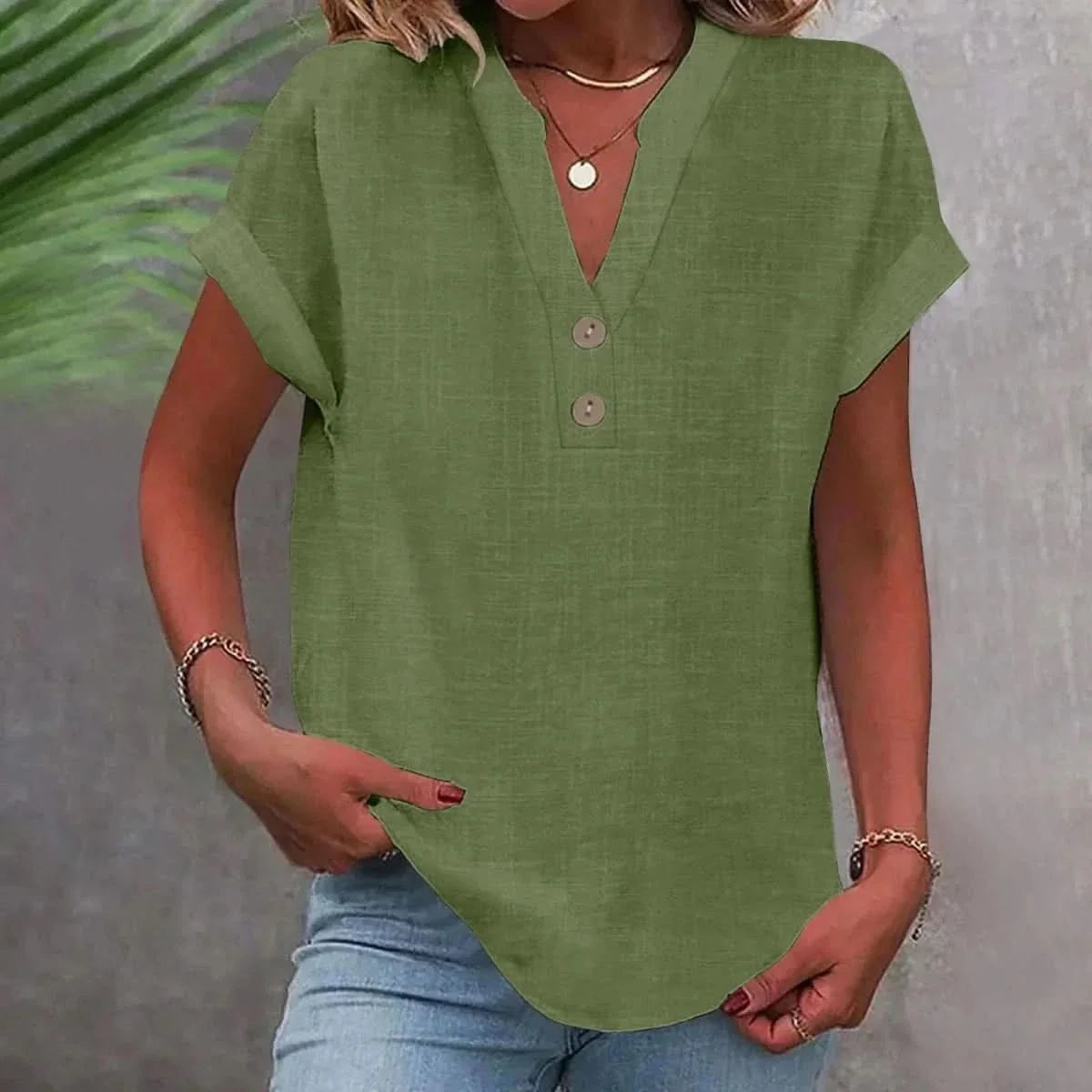 Blusa de lino mujer cuello V suelta transpirable