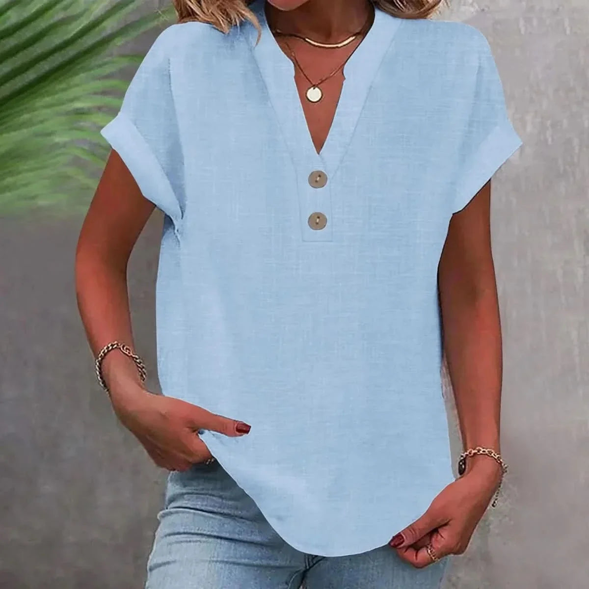 Blusa de lino mujer cuello V suelta transpirable