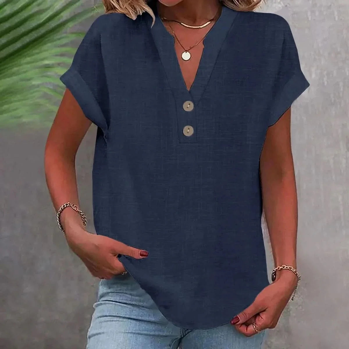 Blusa de lino mujer cuello V suelta transpirable