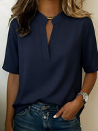 Blusa mujer cuello V manga corta holgada de color sólido