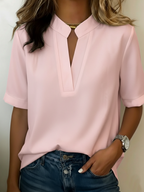 Blusa mujer cuello V manga corta holgada de color sólido