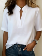 Blusa mujer cuello V manga corta holgada de color sólido