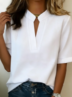 Blusa mujer cuello V manga corta holgada de color sólido