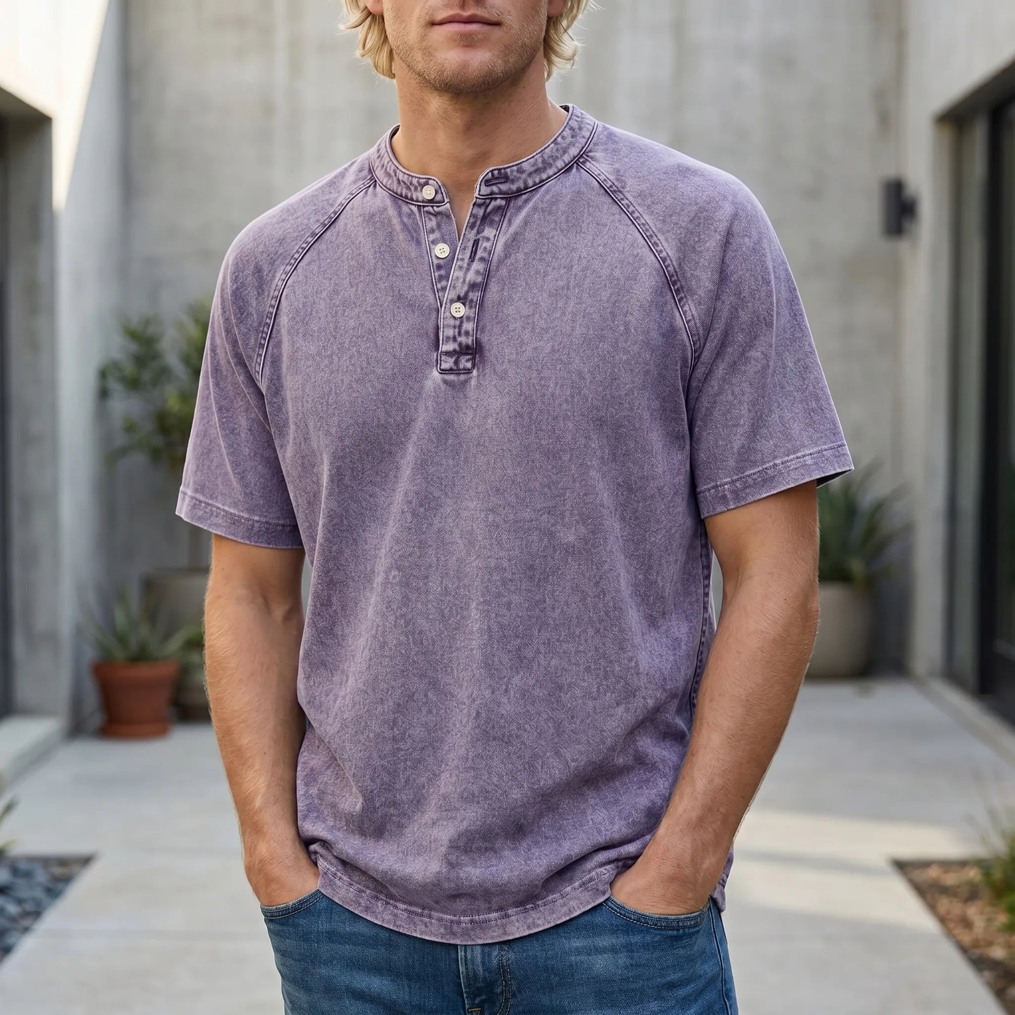 Camisa Henley para Hombre | Mangas Raglán Vintage | Cuello con Botones