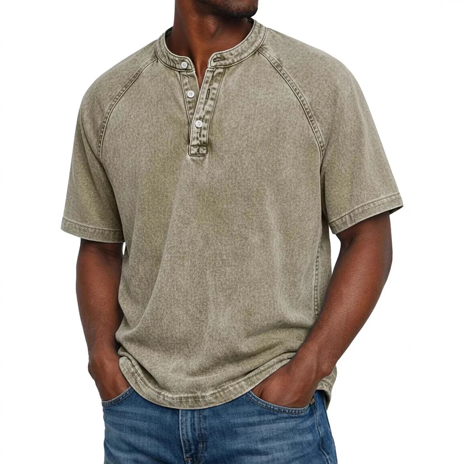 Camisa Henley para Hombre | Mangas Raglán Vintage | Cuello con Botones